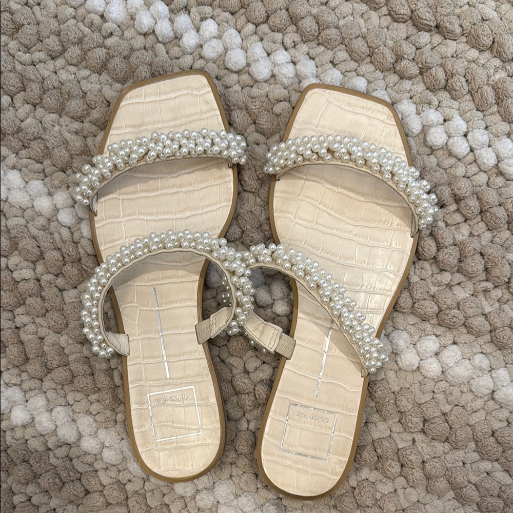 Dolce Vita Cream Sandals with pearl Straps and Flat Sole